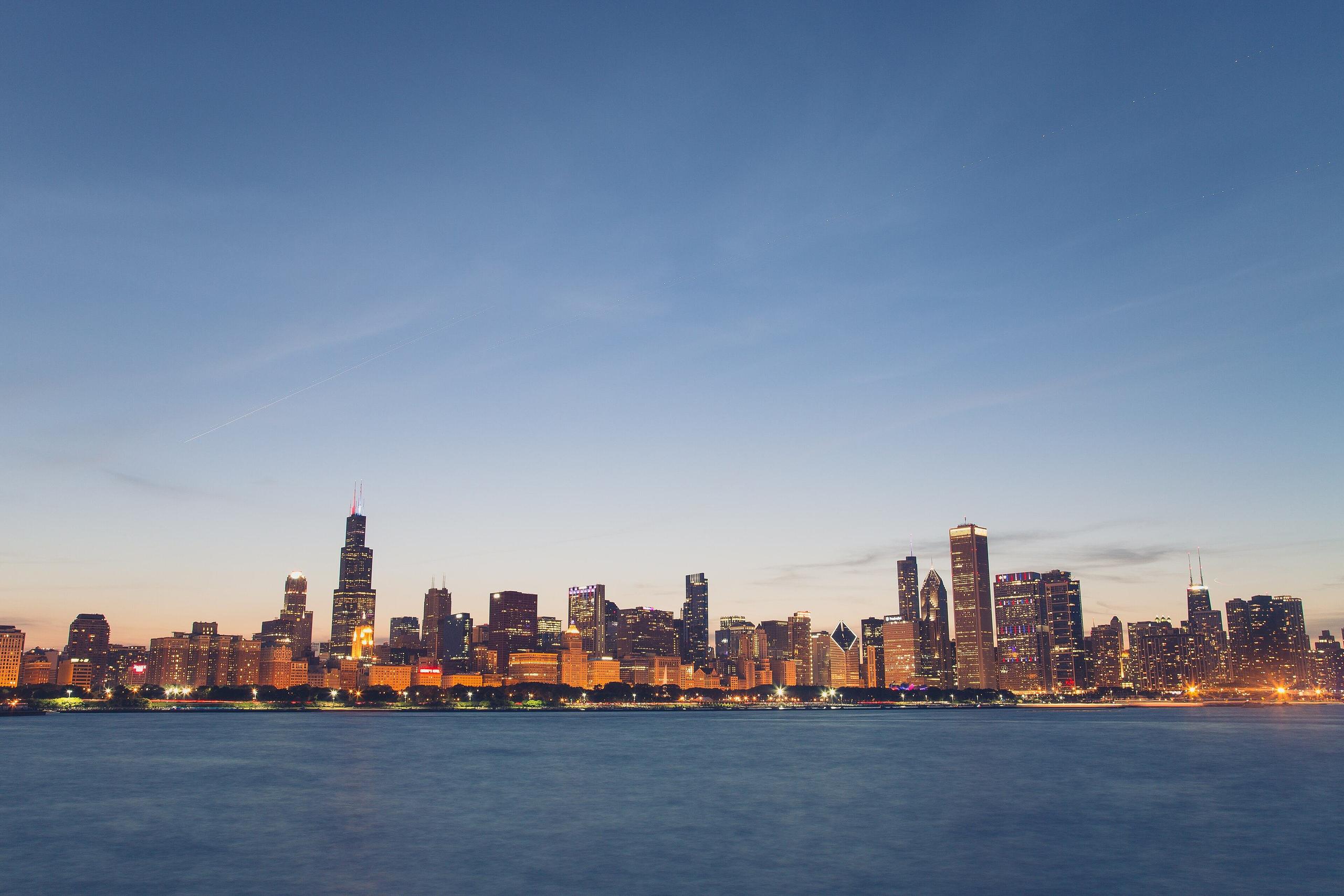 The Chicago skyline from the lakefront at dusk