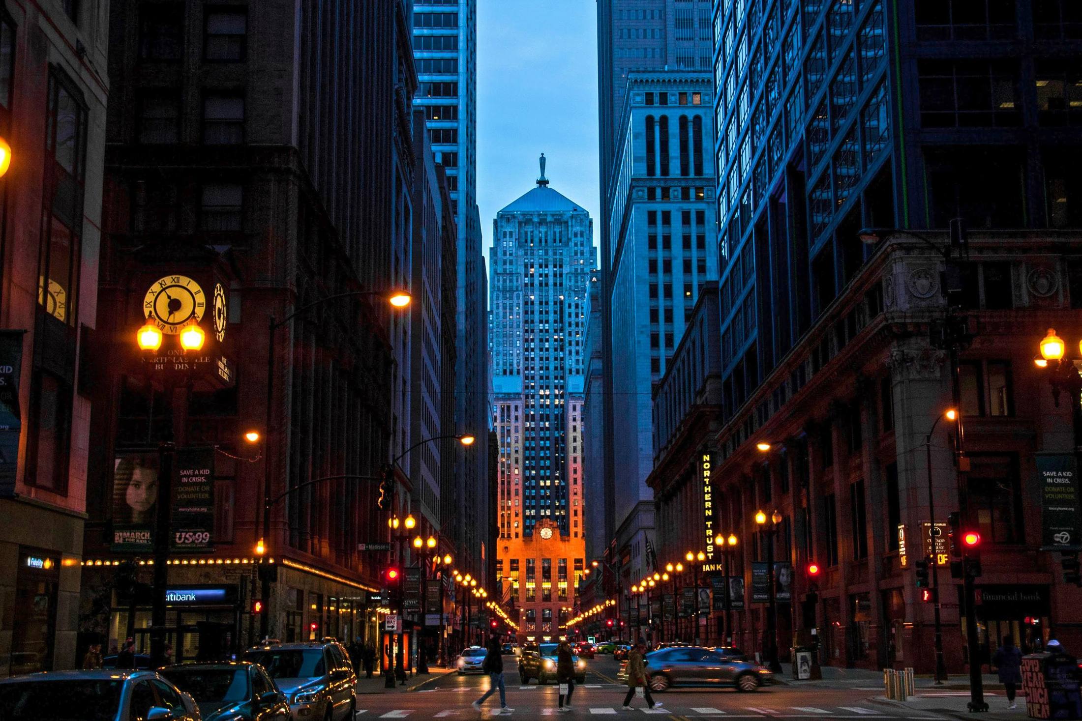 LaSalle Street at night, looking toward the Chicago Board of Trade