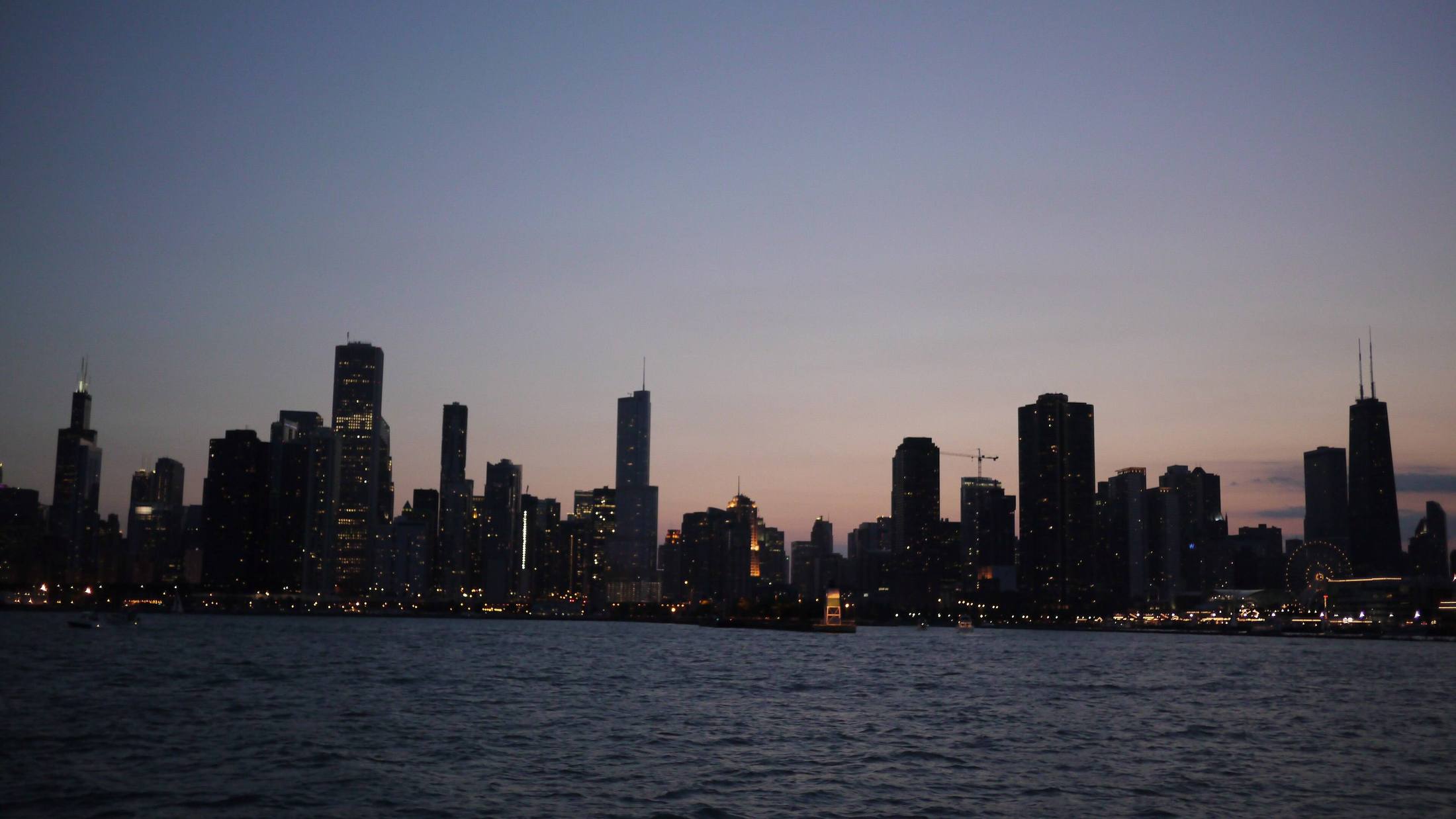 The Chicago skyline over Lake Michigan after sunset